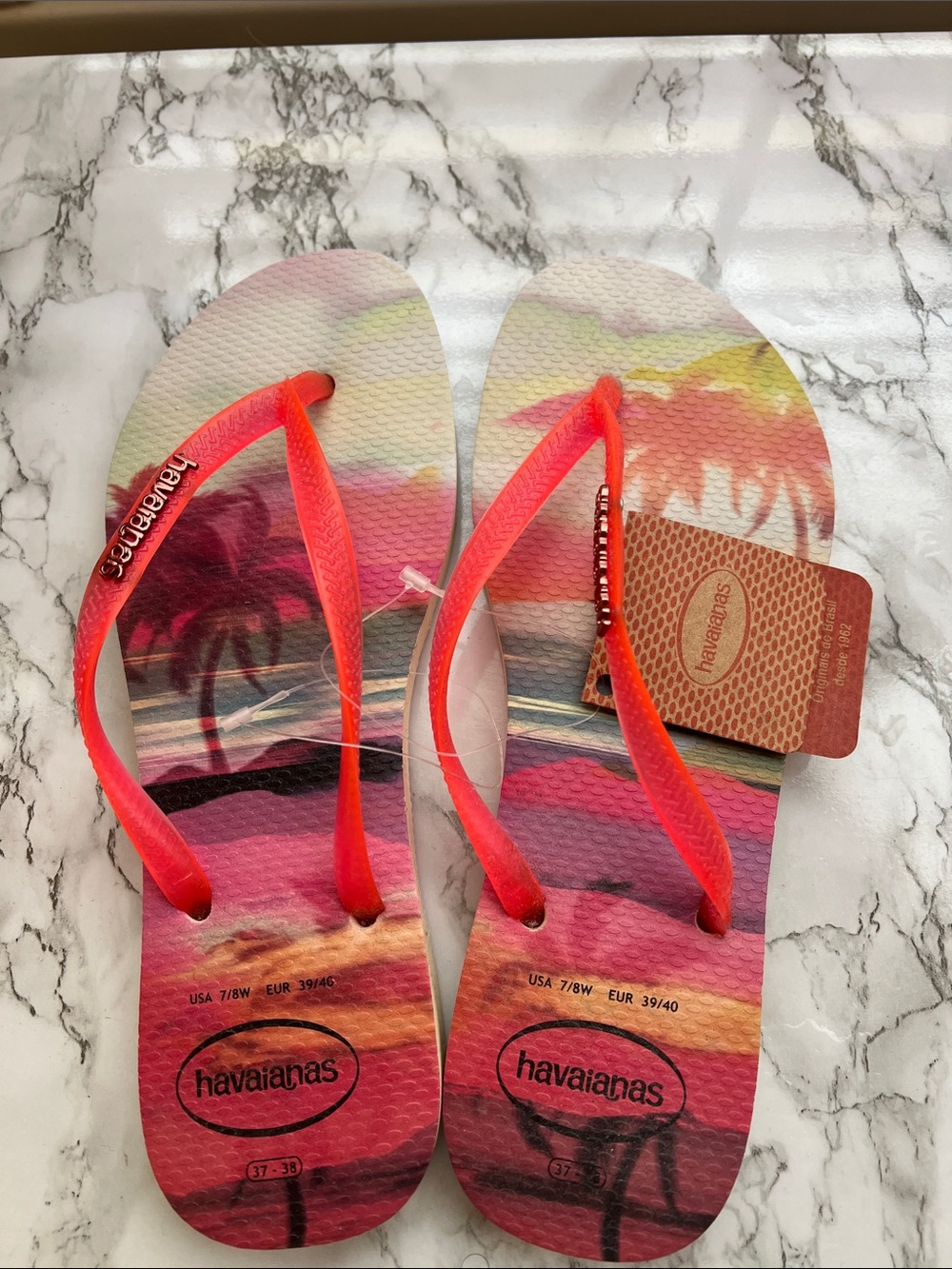 Havaianas Tropical Sunset Flip Flops - Pink and Coral Straps